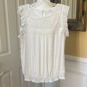 Ivy Ridge Women's Size L Ivory Blouson Top Crinkle Fabric Keyhole Button Back